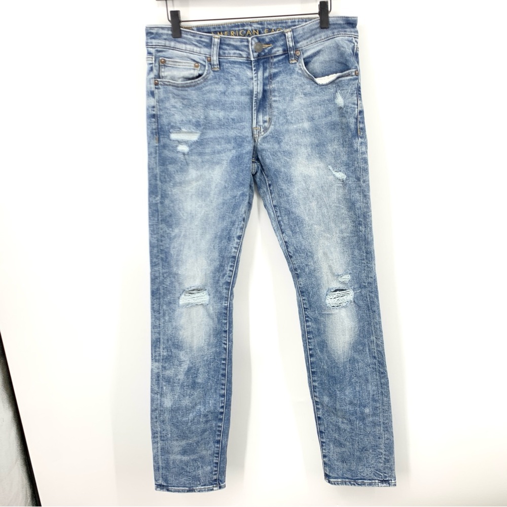 American Eagle Men Size 31 x‎ 32 Jeans Light Acid Wash Pants Slim Straight Flex